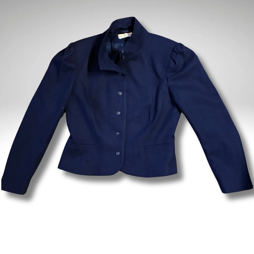 Vintage Navy Wool Austrian Equestrian Style Puff Sleeve Tailored Blazer 11 - Picture 2 of 7